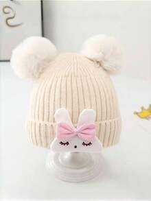 婴儿可爱卡通兔子针织帽，保暖护耳冬季帽，适合男婴和女婴 - 小兔子 - 查看 3