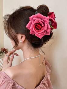 1个大号波西米亚风仿真玫瑰花发爪夹，适合日常、旅行、度假佩戴，夏季沙滩发饰 - 彩色 - 查看 8