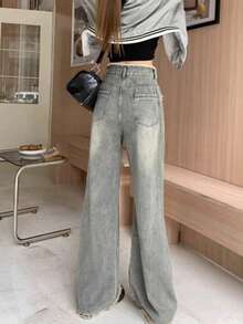 破洞喇叭牛仔裤，斜插口袋，休闲春季款 - 灰綠色 - 查看 3