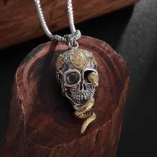 SeuSuk 1pc Gothic Snake Wrapped Skull Pendant Necklace, Suitable For Men, Hiphop, Rock, Daily Wear, Jewelry Gift - Gold - View 1