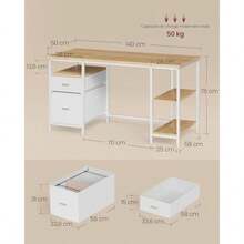 VASAGLE Bureau d Ordinateur Table avec Rangement 3 Étagères 2 Tiroirs 60 x 140 x 76 cm pour Bureau Salon Style Moderne Couleur Chêne Naturel et Blanc Perle LWD104Y01 - 140x60cm - Übersicht 3