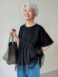 FRIFUL Women's Summer Solid Color Round Neck Mesh Contrast Short Sleeve Casual Casual T-Shirt - Black - View 1