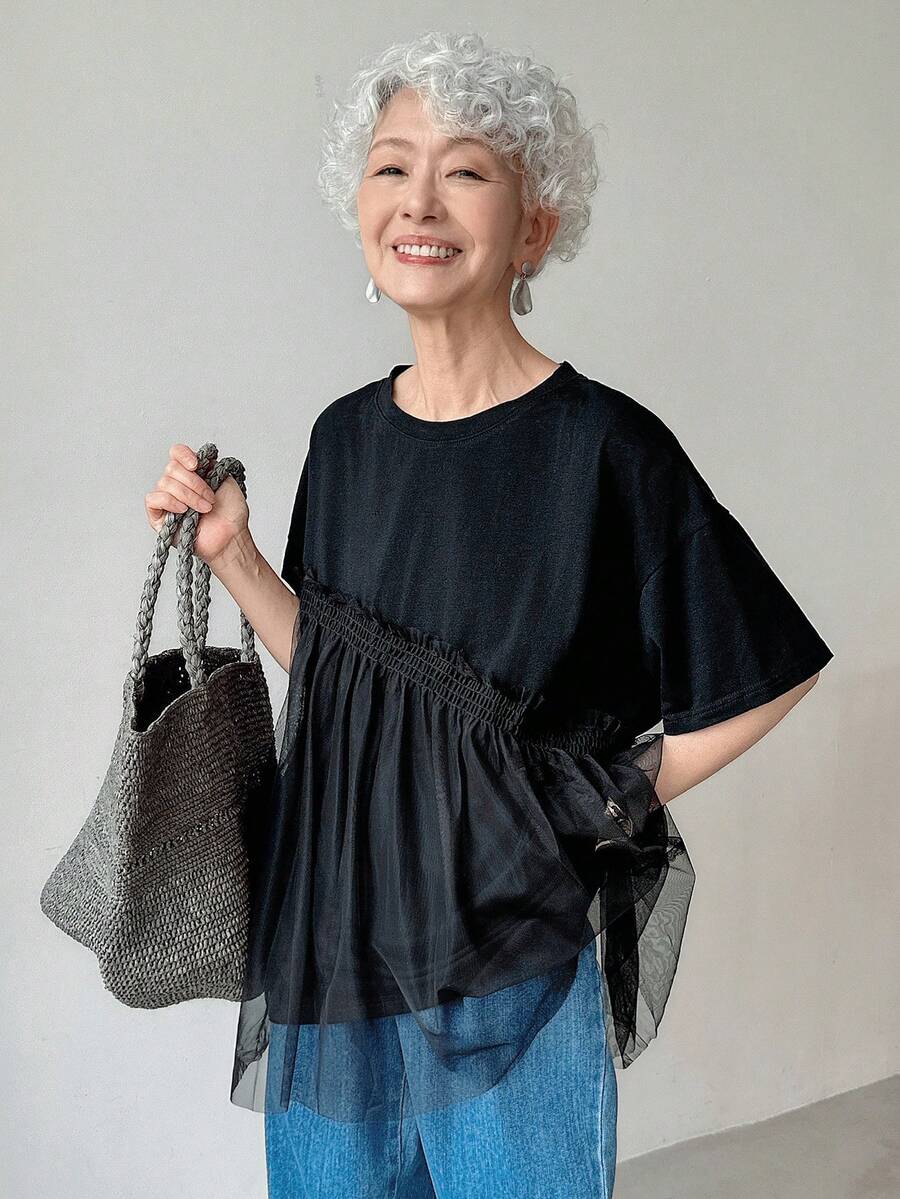 FRIFUL Women's Summer Solid Color Round Neck Mesh Contrast Short Sleeve Casual Casual T-Shirt - Black - View 1
