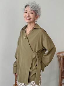 FRIFUL 女士休闲宽松纯色系带衬衫，翻领长袖，秋季 - 卡其色 - 查看 6