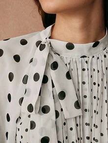 Savoree Women Elegant Polka Dot Print Pleated Tied Blouse, Long Sleeve Tops, Versatile Work & Casual Outfits, Spring