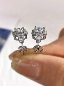 1 对圆形耳环 1.0 克拉莫桑石钻石耳环 S925 纯银婚礼耳环订婚耳钉奢华珠宝礼物女孩女士周年纪念 - 圓形莫桑耳扣 - 查看 2