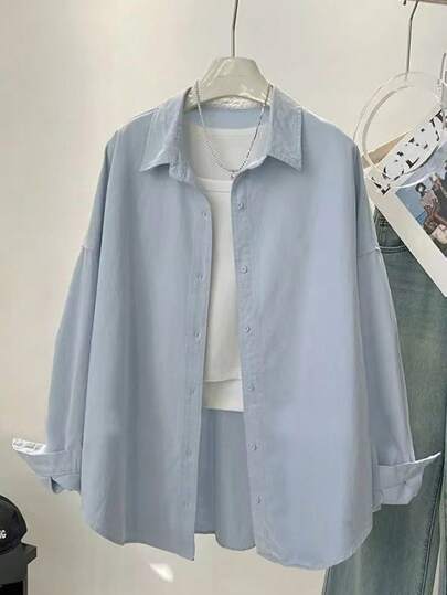 大码女式纽扣衬衫休闲纯色长袖宽松翻领衬衫上衣