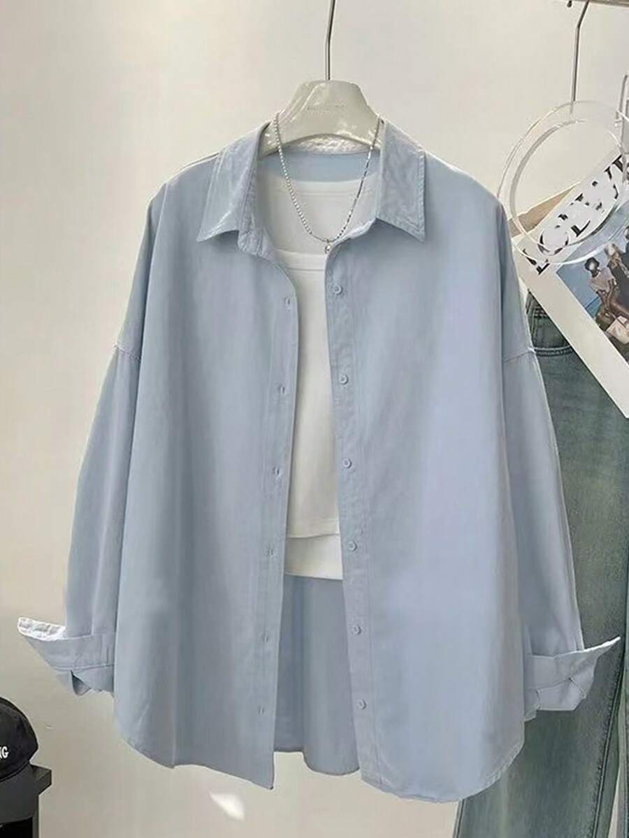 Camisas Femininas Plus Size de Botão Casual, Cor Sólida, Manga Longa, Modelo Solto, Blusas com Colarinho