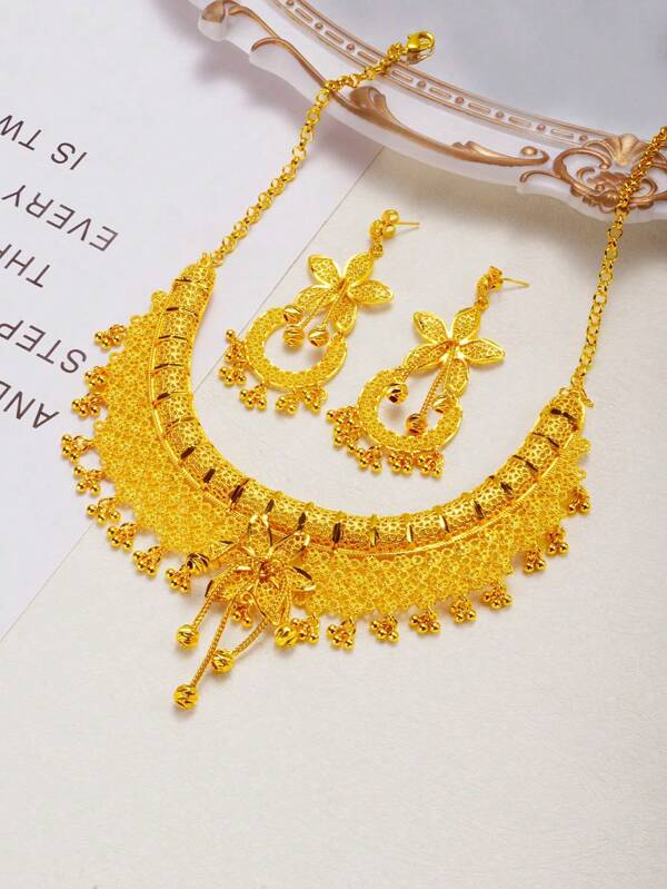 3pcs/Set 24K Gold Dubai Style Jewelry Set, Women Necklace And Earrings, Gold Alternative, Gold Jewelry Set, Saudi Arabia Fashion Accessories