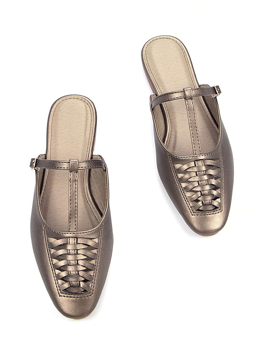 女士休闲手工编织镂空装饰卡其色褶皱超细纤维时尚方头舒适拖鞋，带踝带，适合日常和派对穿着 - 卡其色 - 查看 1