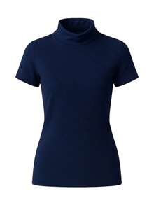 Women's Ribbed Mock Neck Short Sleeve Slim Fit Knit Top, Lightweight Stretchy Soft Tee Shirt, Casual Minimalist High Neck Pullover For Work, Travel And Everyday Wear, Classic Beige - 藏蓝色 - 查看 1
