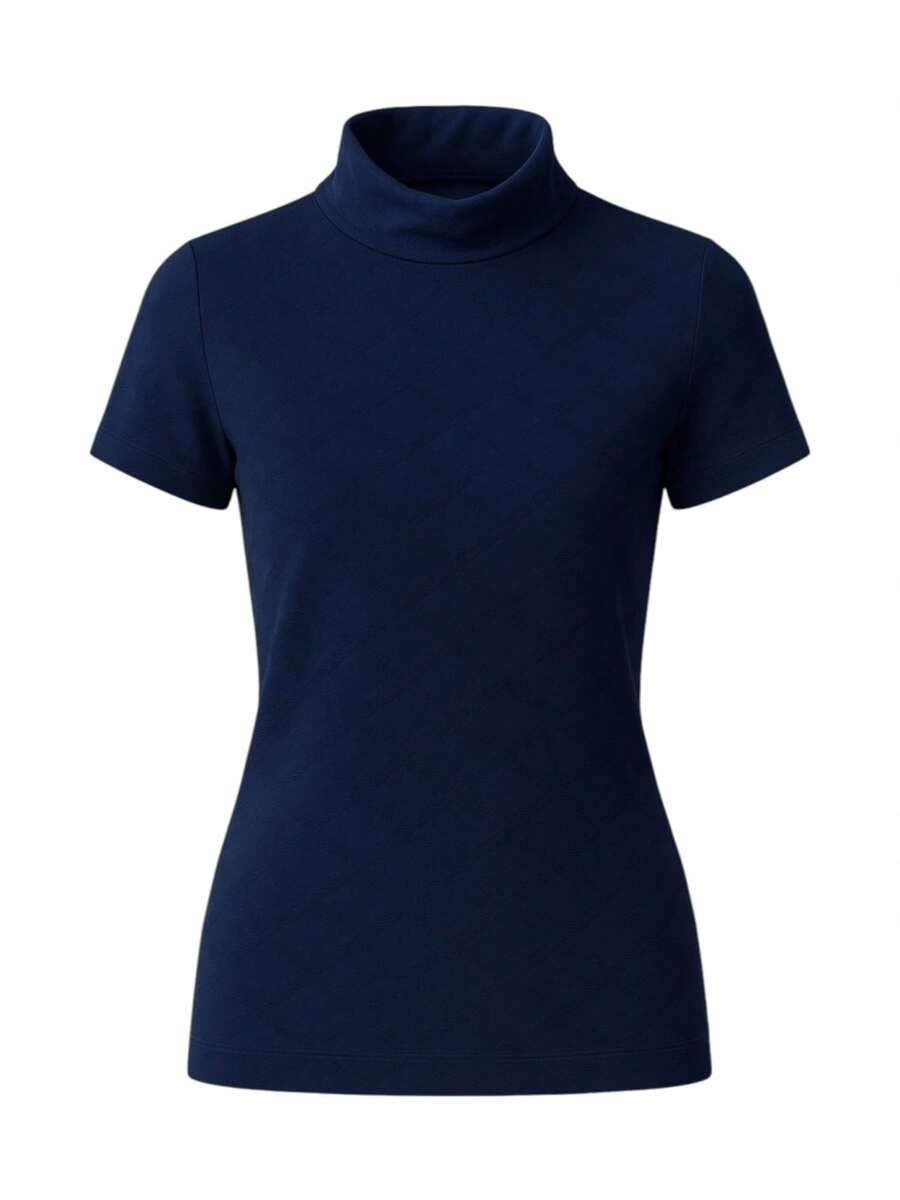 Women's Ribbed Mock Neck Short Sleeve Slim Fit Knit Top, Lightweight Stretchy Soft Tee Shirt, Casual Minimalist High Neck Pullover For Work, Travel And Everyday Wear, Classic Beige - 藏蓝色 - 查看 1