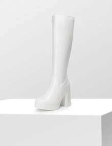 Women's Platform Chunky Heel Knee-High Boots Square Toe Fashionable Solid Color Y2K GoGo Boots - 白色-PAT - 查看 8