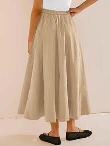 Womens A-Line Midi Skirt Elastic High Waist Pleated Flowy Swing Casual Long Skirt With Pocket - 卡其色 - 查看 2