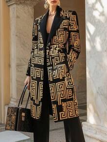 Women's Fashionable Geometric Pattern Long Blazer Jacket With Black Base And Gold Accents, Suitable For Spring And Autumn - Multicolor - View 3