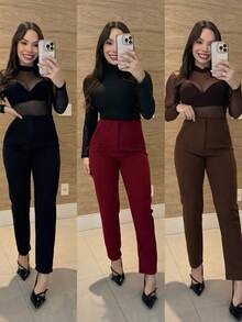WOMEN'S TAILORED PANTS, HIGH WAIST WITH ZIPPER ON THE SIDE, ELEGANT, SOCIAL, LUXURY FASHION, BLOGGER A TOUCH OF FASHION - màu đen - Xem 2