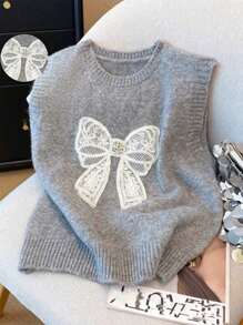 可爱蕾丝刺绣无袖针织女式背心带蝴蝶结，圆领毛衣背心，适合秋冬日常穿着 - 灰色 - 查看 4