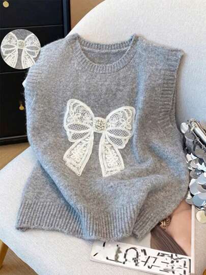 可爱蕾丝刺绣无袖针织女式背心带蝴蝶结，圆领毛衣背心，适合秋冬日常穿着
