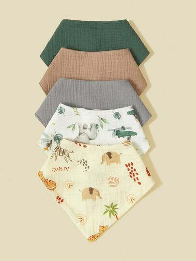 Set de 5 baberos para bebé, baberos triangulares de gasa de algodón suave con patrones florales y de animales para niños y niñas