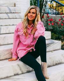 Vetinee Women's Oversized Button Up Frayed Hem Shacket Long Sleeve Pockets Denim Jean Jacket - Magenta Pink - 查看 5