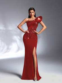 IBTRLY 优雅弹力面料串珠亮片贴花开衩正式晚宴婚礼礼服，情人节 - 紅色 - 查看 3