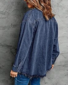 Vetinee Women's Oversized Button Up Frayed Hem Shacket Long Sleeve Pockets Denim Jean Jacket - Bay Blue - 查看 2