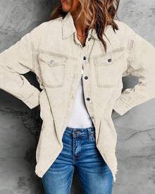 Vetinee Women's Oversized Button Up Frayed Hem Shacket Long Sleeve Pockets Denim Jean Jacket - 奶油捲 - 查看 3