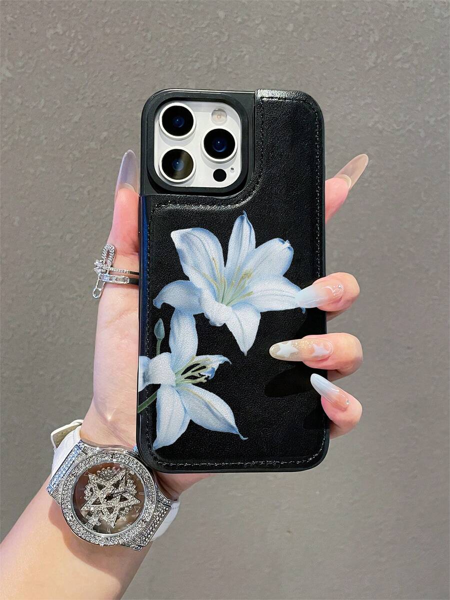 1 Flower Pattern Card Holder Phone Case, Leather Phone Case, Wallet Phone Case, Multifunctional Phone Case For Credit Cards, Bank Cards And Coins, Suitable For IPhone Phone Case, Can Be Used For IPhone 12/13/14/15/16/Pro/Plus/Pro Max /Galaxy S25/S24/S23/S22/PLUS/Ultra Phone Case, Suitable As A Gift, Valentine's Day Gift, Halloween Gift, Christmas Gift. - 黑色 - 查看 1