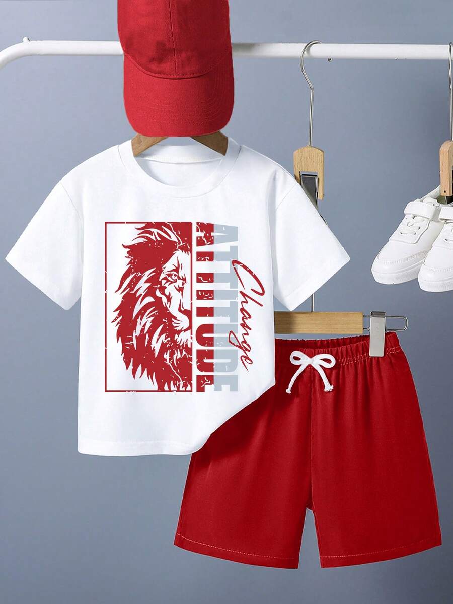 Áo thun tay ngắn in họa tiết hoạt hình và quần short cho bé trai mùa hè - Đỏ - Xem 1