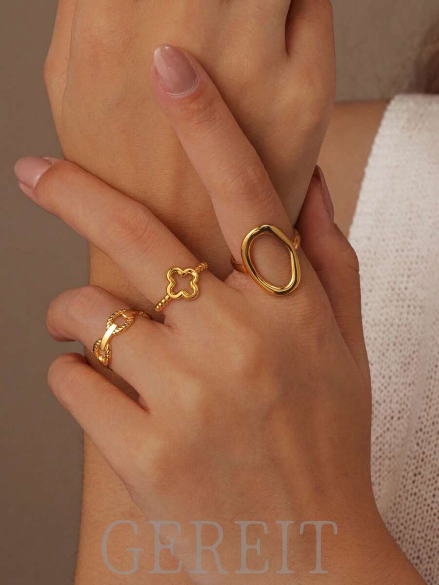 GEREIT Bộ 3 chiếc nhẫn tròn rỗng bằng thép không gỉ 18K họa tiết hoa, thích hợp cho nữ đeo hàng ngày, quà tặng Ngày của Mẹ. - Vàng - Xem 1
