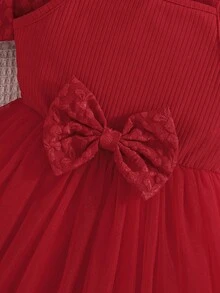 2 件套女孩生日派对礼物，时尚 3D 印花夹克和条纹蝴蝶结网眼吊带裙 - 紅色 - 查看 7