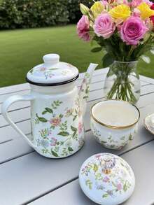 1pc/2pcs Colorful Enameled Coffee/Tea Pot, 1.2L Delicate Enamel Coffee Pot, Handle Pot Coffee Pot, Slim Spout Oil Pot Kettle, Family Boiling Pot, Tea Pot, Gift Pot For Home, Cafe, Party, Household Decor, Small Items Storage Bowl, Coffee Beans, Tea Leaves Storage, Tea Set Accessories, Thick Manual Tilting Water Pot, Floral Pattern Tea Pot, For Electric Or Gas Stove Coffee/Tea Brewing