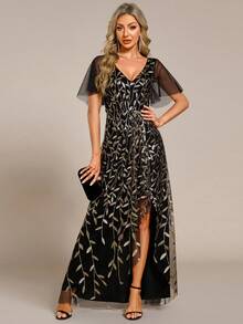 V-Neck Sequin Slit High Waist Bridesmaid Dress - Multicolor - View 6
