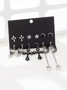 6 Pairs Gothic Cross, Sunflower, Pentagram, Crescent Moon, Raven, Pentagram, Skull Fashionable Earring Set