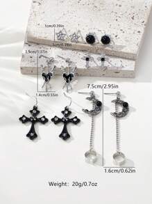 6 Pairs Gothic Cross, Sunflower, Pentagram, Crescent Moon, Raven, Pentagram, Skull Fashionable Earring Set