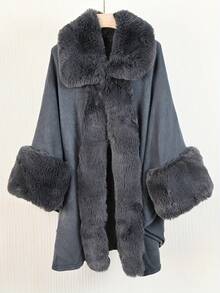 1 Peça Poncho Cardigan com Capuz e Gola Felpuda Elegante em Tecido de Malha Acrílica Folgado e Volumoso, Plus Size, para Mulheres, para Vestir