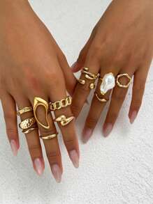 11 件/套时尚金属几何镂空液体抽象水滴设计开口戒指，复古波西米亚巴洛克风格仿珍珠装饰戒指套装，女士时尚首饰套装，适合日常装扮、海滩度假和派对配饰 - 金黃色 - 查看 6
