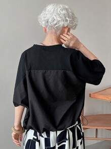 FRIFUL Women's Casual Woven Fabric Blouse, Round Neck Half Sleeve Top With Drawstring Detail And Regular Length - Black - View 1