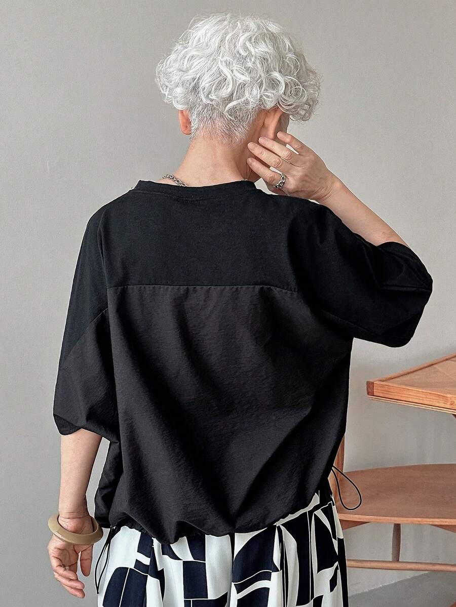 FRIFUL Women's Casual Woven Fabric Blouse, Round Neck Half Sleeve Top With Drawstring Detail And Regular Length - Black - View 1