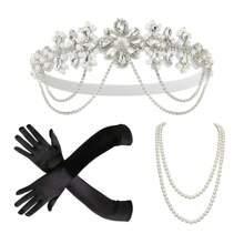 3 件套 1920 年代盖茨比风格轻佻女郎服装配饰套装 20 年代轻佻女郎头饰 复古珍珠项链手套派对头饰 女士