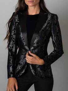 Áo khoác blazer dáng ôm tay dài, cổ khoét chữ V thanh lịch, đơn hàng khuy, chất liệu vải jacquard cho nữ, mùa xuân/thu - màu đen - Xem 1