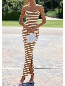 Women's Summer Bodycon Maxi Tube Dress Ribbed Strapless Side Slit Long Going Out Casual Elegant Party DressesHalloween Christmas New Year - 寬條紋棕白色 - 查看 4