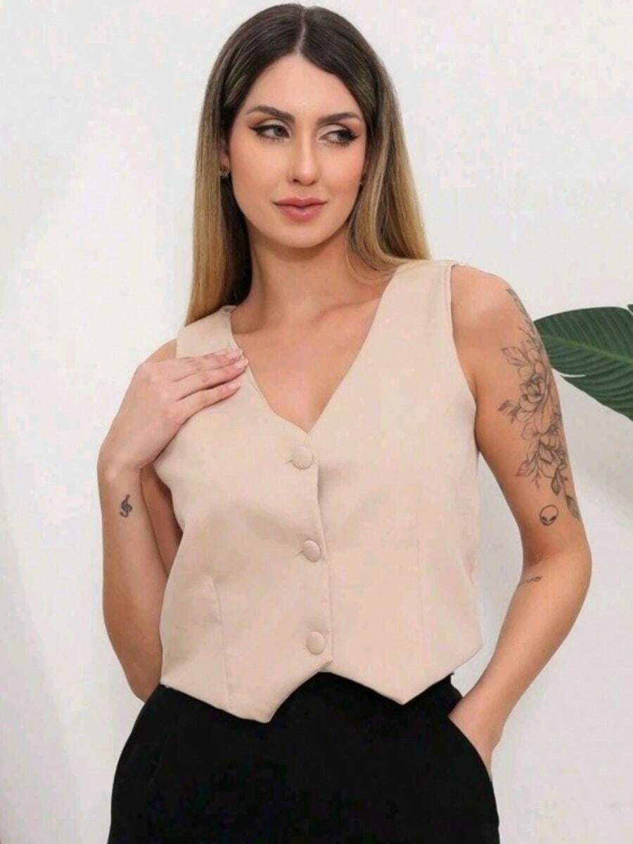 Women's Tailored Vest, Lined With Three Buttons, V-Neck - 米色 - 查看 1