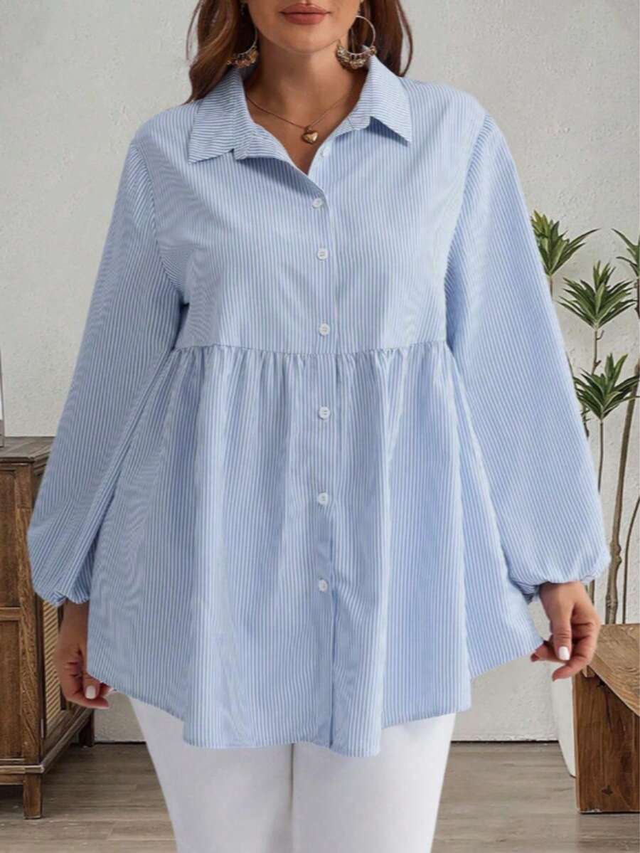 Camisa de manga farol a rayas para mujer de talla grande