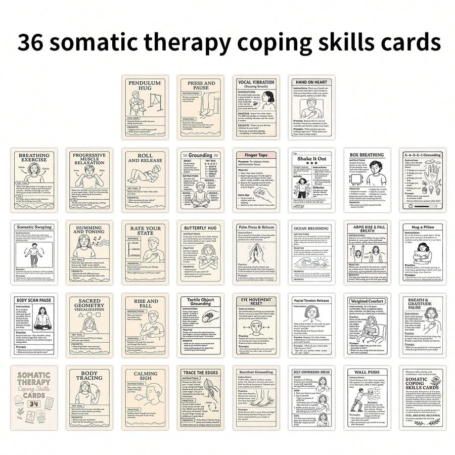 36Pcs Somatic Therapy Coping Skills Cards, Techniques And Exercises To Treat Trauma & Stress, Healing, Emotional Regulation, Grounding Techniques, Sensory Stimulation - Multicolor - View 1