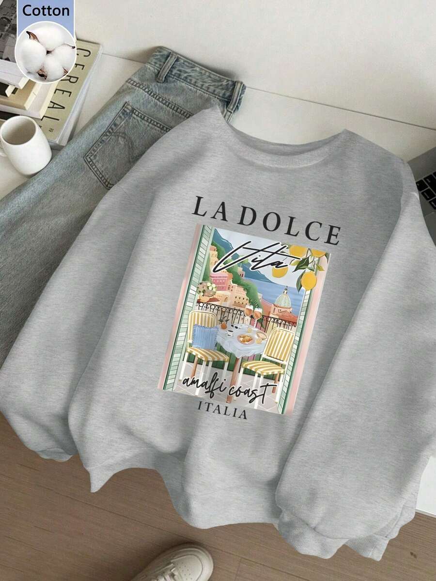 棉質女士上衣，落肩舒適衛衣，圓領超大運動衫，休閒，外出上衣，春秋兩季，垂感，柔軟透氣長袖上衣，百搭學院風，街頭服飾運動上衣女裝，早午餐女性服裝，女士節日服裝，意大利 阿馬爾菲海 字母標語圖案印花，花灰色上衣 - 花灰 - 查看 1