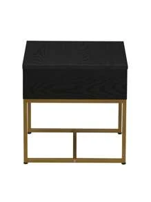 Square Side End Table - 17.75"L X 17.75"W X 17.75"H, Black Oak Wood Grain & Gold Metal, Particle Board & Steel, Adjustable Feet, Ideal For Living Room/Bedroom/Plant Stand, Modern/Glam, 1-Piece.