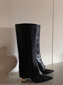 卡其色阔腿裤女筒靴，2025年新款夏季尖头直筒高筒靴，西部牛仔靴，黑色靴子 - 黑色 - 查看 9