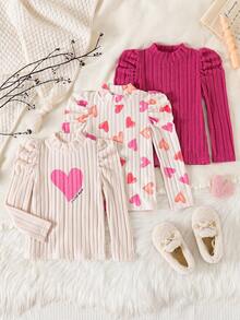 3pcs/Set Young Girls' Cute Heart Print Solid Color Ruffle Bubble Long Sleeve Mock Neck Fleece T-Shirts - Multicolor - View 1