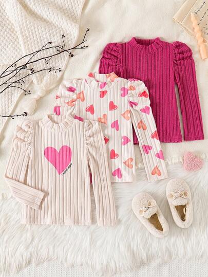 3pcs/Set Young Girls' Cute Heart Print Solid Color Ruffle Bubble Long Sleeve Mock Neck Fleece T-Shirts